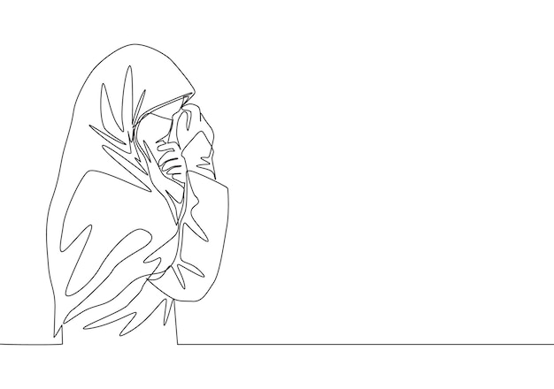 Continuous line draw of young happy saudi arabian muslimah wearing burqa and covering face with hand