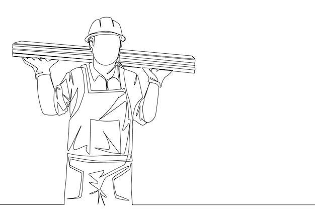 Continuous line draw of young lumberjack wearing uniform helmet glove while carrying woods stack