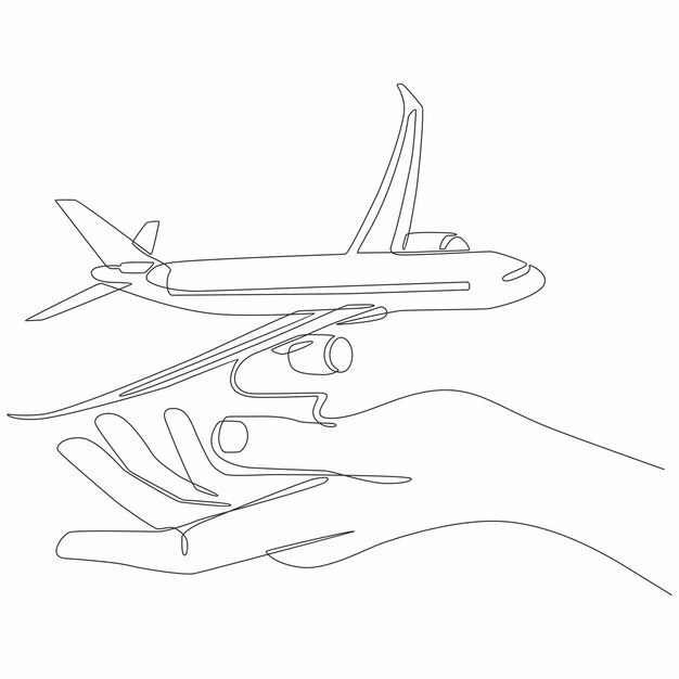 Vettore disegno a linea continua di un aeroplano pilotato a mano illustrazione art