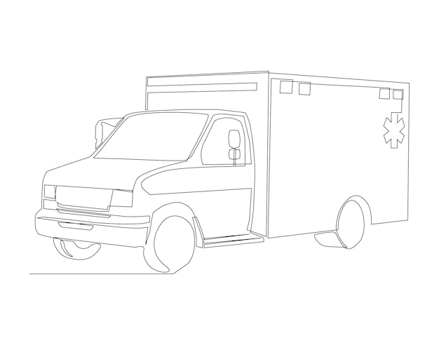 Vector continuous line drawing of ambulance van one line of paramedic van ambulance outline