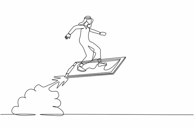 Continuous line drawing Arabian businessman riding clipboard rocket flying in the sky design vector