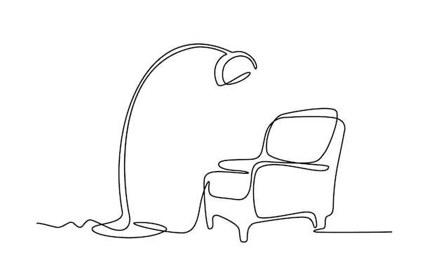 Continuous line drawing of armchair and lamp One line of interior with furniture contour Single line