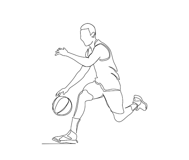 Disegno a linea continua del giocatore di pallacanestro in azione giocatore di pallacanestro che ribbling palla semplice linea arte con colpo attivo concetto di fiorista