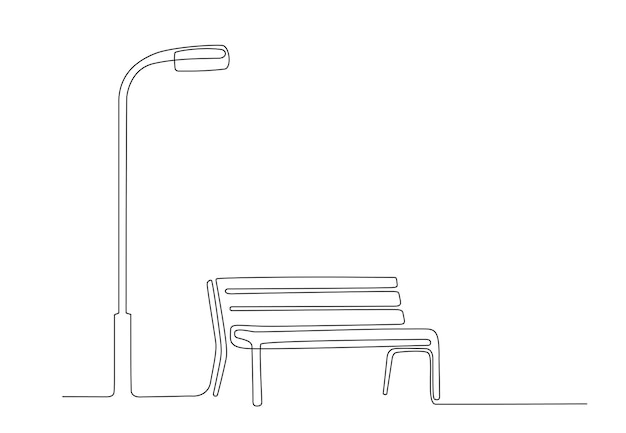 Disegno a tratteggio continuo di panca e lanterna nel parco stile artistico al tratto disegno in stile minimalista a una linea mobili da esterno in legno per il relax illustrazione a linea singola handdraw doodle vector