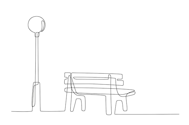 Disegno a tratteggio continuo di panca e lanterna nel parco stile artistico al tratto disegno in stile minimalista a una linea mobili da esterno in legno per il relax illustrazione a linea singola handdraw doodle vector