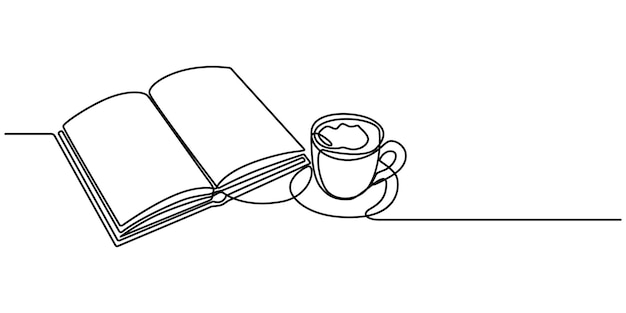 書籍とコーヒーの連続線画 ベクトルイラスト 1行 連続単行線