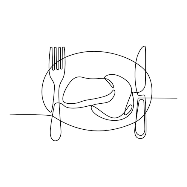 Disegno a tratteggio continuo del menu della colazione che serve carne con illustrazione vettoriale di forchetta e coltello