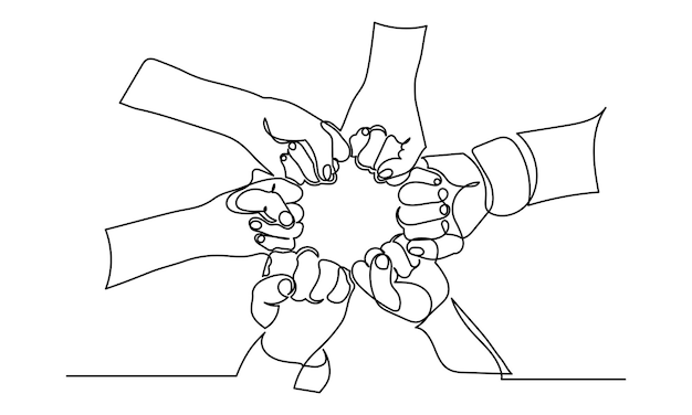 continuous line drawing of business people down view of people unites their hands together