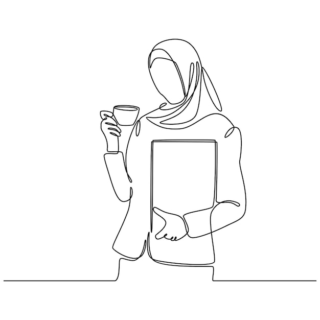 Continuous line drawing business woman portrait with folder and cup of coffee vector illustration