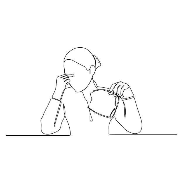 continuous line drawing of business woman serious headache