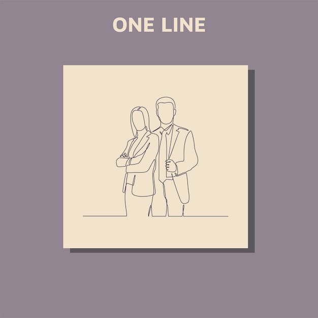 continuous line drawing of businessman and business woman standing