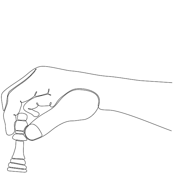 Continuous line drawing of businessman hands moving chess figures in competition success game.