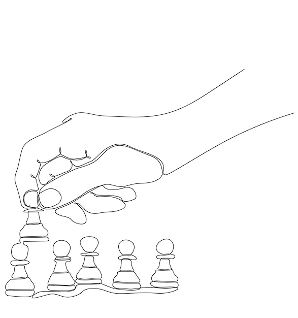 Continuous line drawing of businessman hands moving chess figures in competition success game.