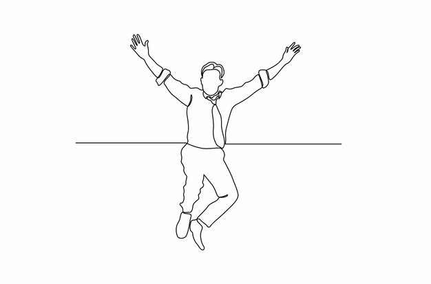 Continuous line drawing a businessman jumping for joy the concept of joy vector Premium Vector