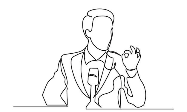 Vector continuous line drawing of a businessman speaking in front of a microphone