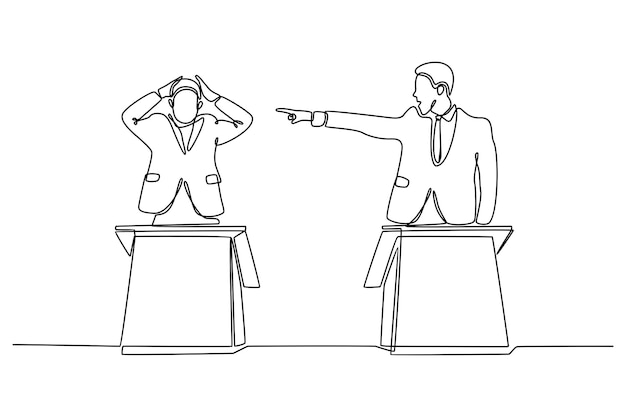 Continuous line drawing of businessmen discussing emotion vector illustration