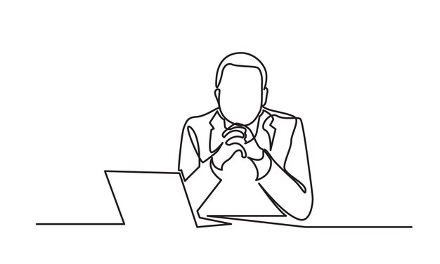 Continuous line drawing of businessmen thinking with a laptop