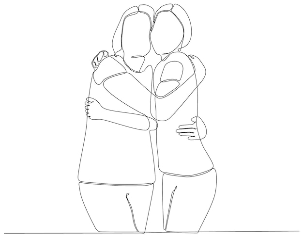 Непрерывный рисунок линии веселых женщин, обнимающих друг друга Две женщины обнимают друг друга