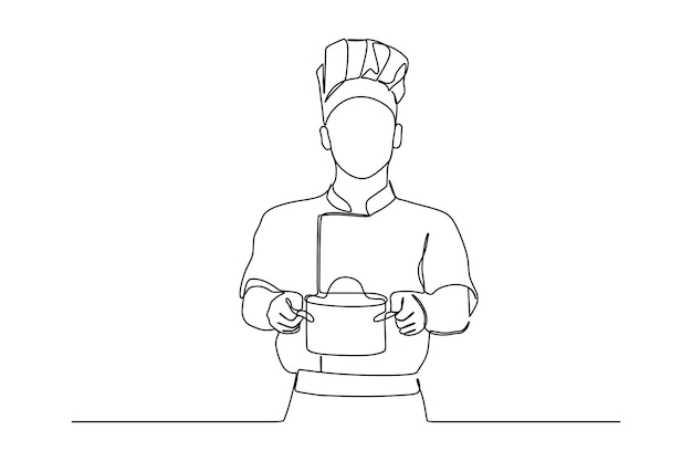 continuous line drawing of chef cooking