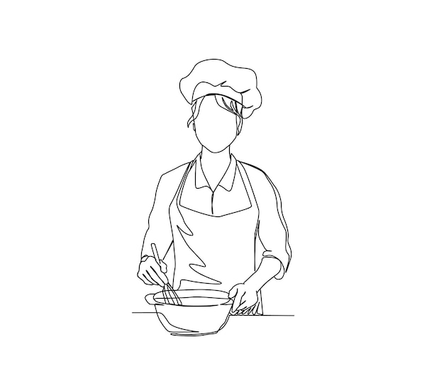 Continuous line drawing of Chef Stirring in Mixing Bowl vector illustration Chef working single line art hand drawn minimalism style