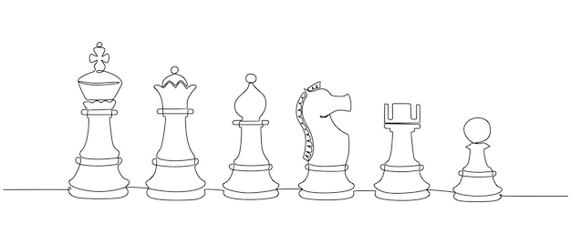 Single continuous line drawing chess pieces silhouette icon set