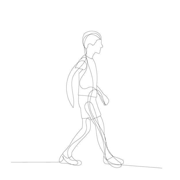 Continuous line drawing child boy walking