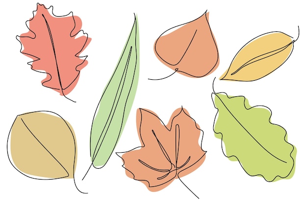 Continuous line drawing of colorful leaves hand drawn set Minimal design simplicity autumn theme