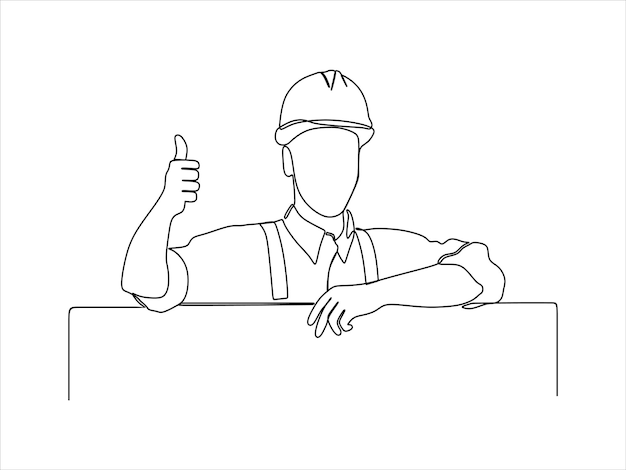 continuous line drawing of construction worker holding a panel and giving thumb up