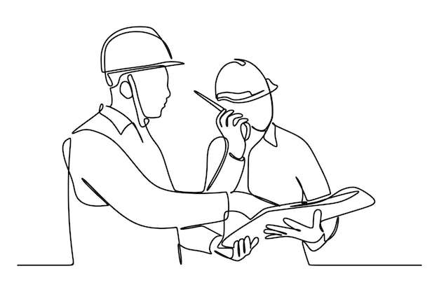 continuous line drawing of construction workers discuss the building plans