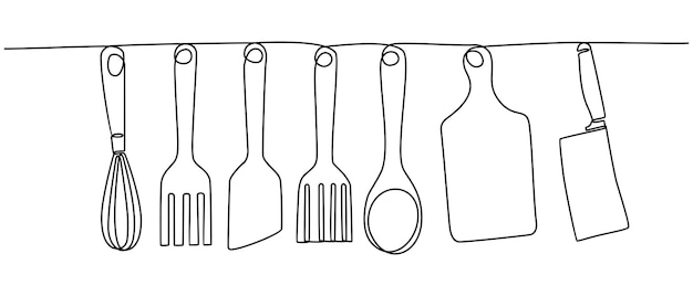 Vettore disegno a tratteggio continuo dell'illustrazione di vettore degli utensili da cucina