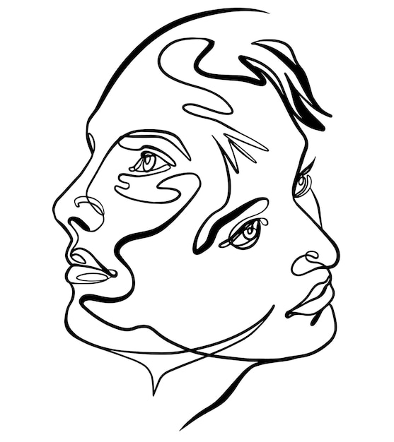 Continuous line drawing of couple faces - two, man and woman minimalist concept