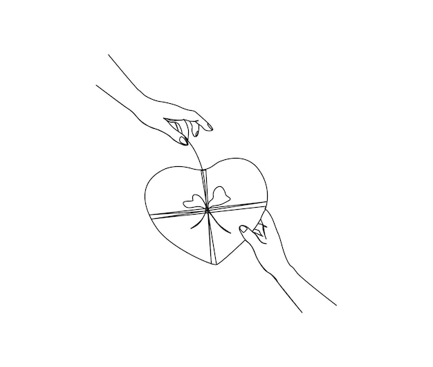 Непрерывный рисунок линии пары, держащей подарочную коробку в форме любви вместе Подарки картонной коробке с лентой простой штриховой рисунок с активным штрихом Праздничный день рождения и концепция благодарения
