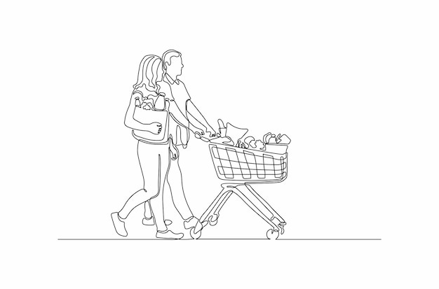 Непрерывный рисунок пары, делающей покупки с тележкой, векторная иллюстрация Premium векторы