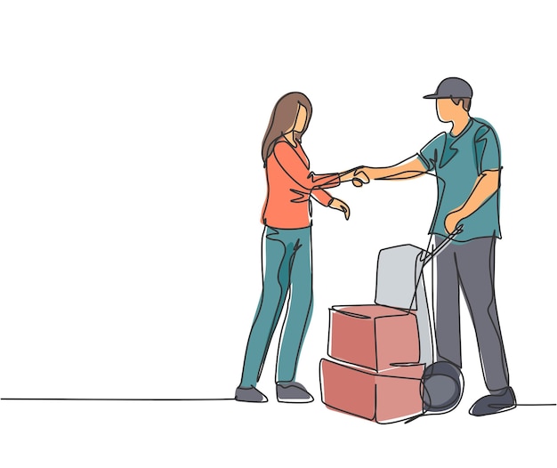 Непрерывный рисунок линии курьера, пожимающего руку клиенту и передающего посылку.