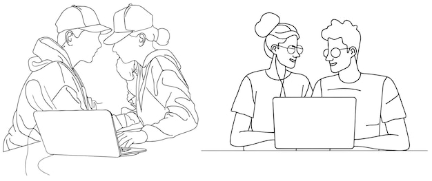 continuous line drawing of coworkers watching laptop computer together