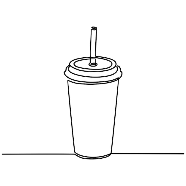 ふたとストローのベクトルが付いている紙またはプラスチック製のコップで飲むことの連続線画