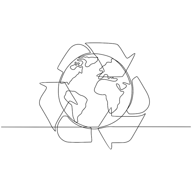 continuous line drawing of earth with recycle bin sign vector