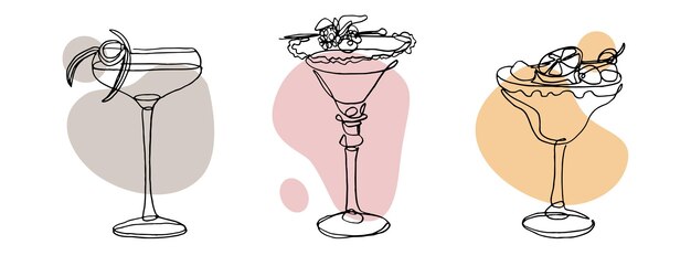 Vector continuous line drawing of exotic cocktail drinks vector