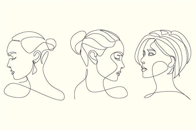 Continuous line, drawing of face and hairstyle, fashion concept, woman beauty, vector