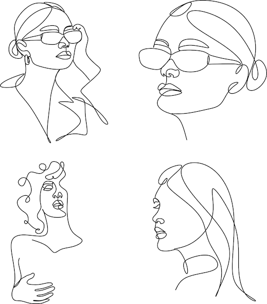 Continuous line drawing of face and hairstyle fashion concept