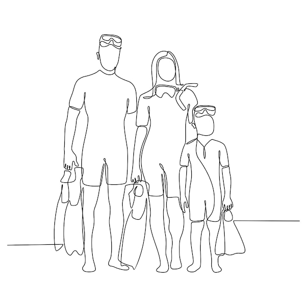 непрерывный рисунок линии семейного портрета, держащего ласты для ныряния и позирования