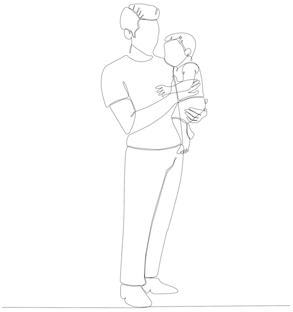 Continuous line drawing father holding baby