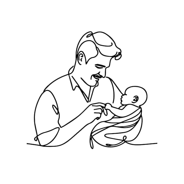 Disegno in linea continua di un padre che tiene in braccio il suo bambino illustrazione vettoriale