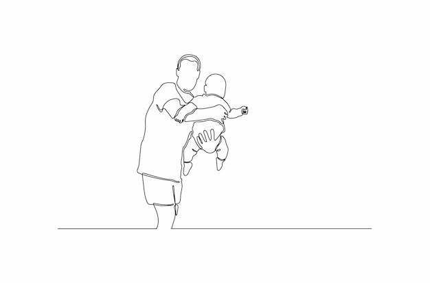 Непрерывный рисунок линий отца и ребенка, играющих вместе, вектор концепции дня отца Premium векторы