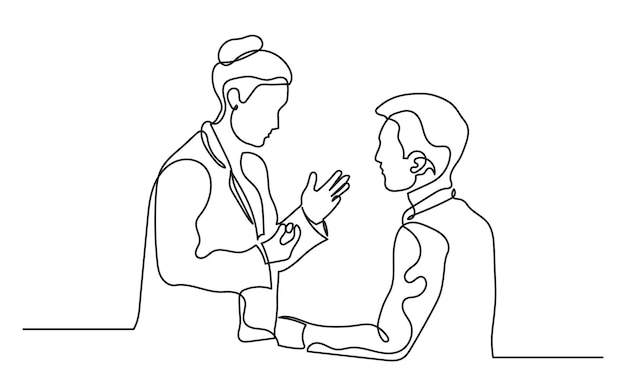 continuous line drawing of a female doctor talking to a male patient in a hospital