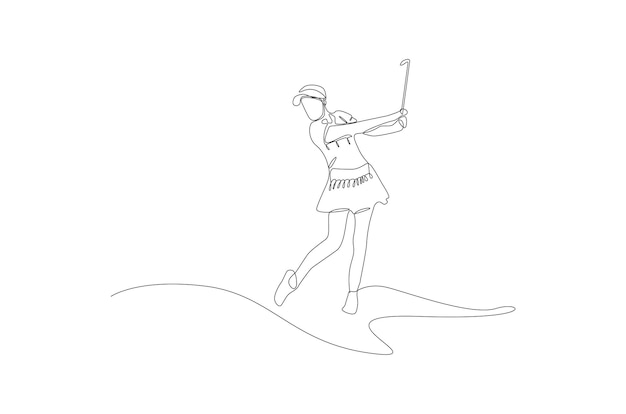 Continuous line drawing of female golfer takes a swing vector illustration Premium Vector