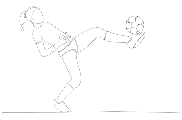 Continuous line drawing of female soccer player kicking the ball premium vector