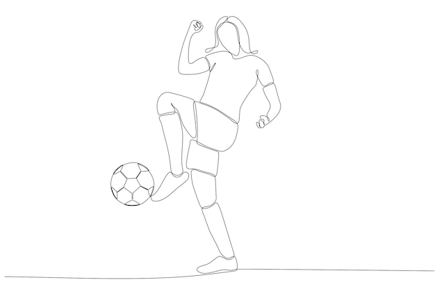 Continuous line drawing of female soccer player kicking the ball premium vector