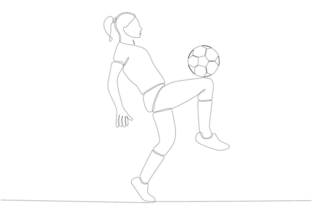 Disegno a tratteggio continuo di una giocatrice di calcio femminile che calcia il vettore premium della palla