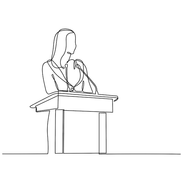 continuous line drawing female speaker giving speech vector illustration